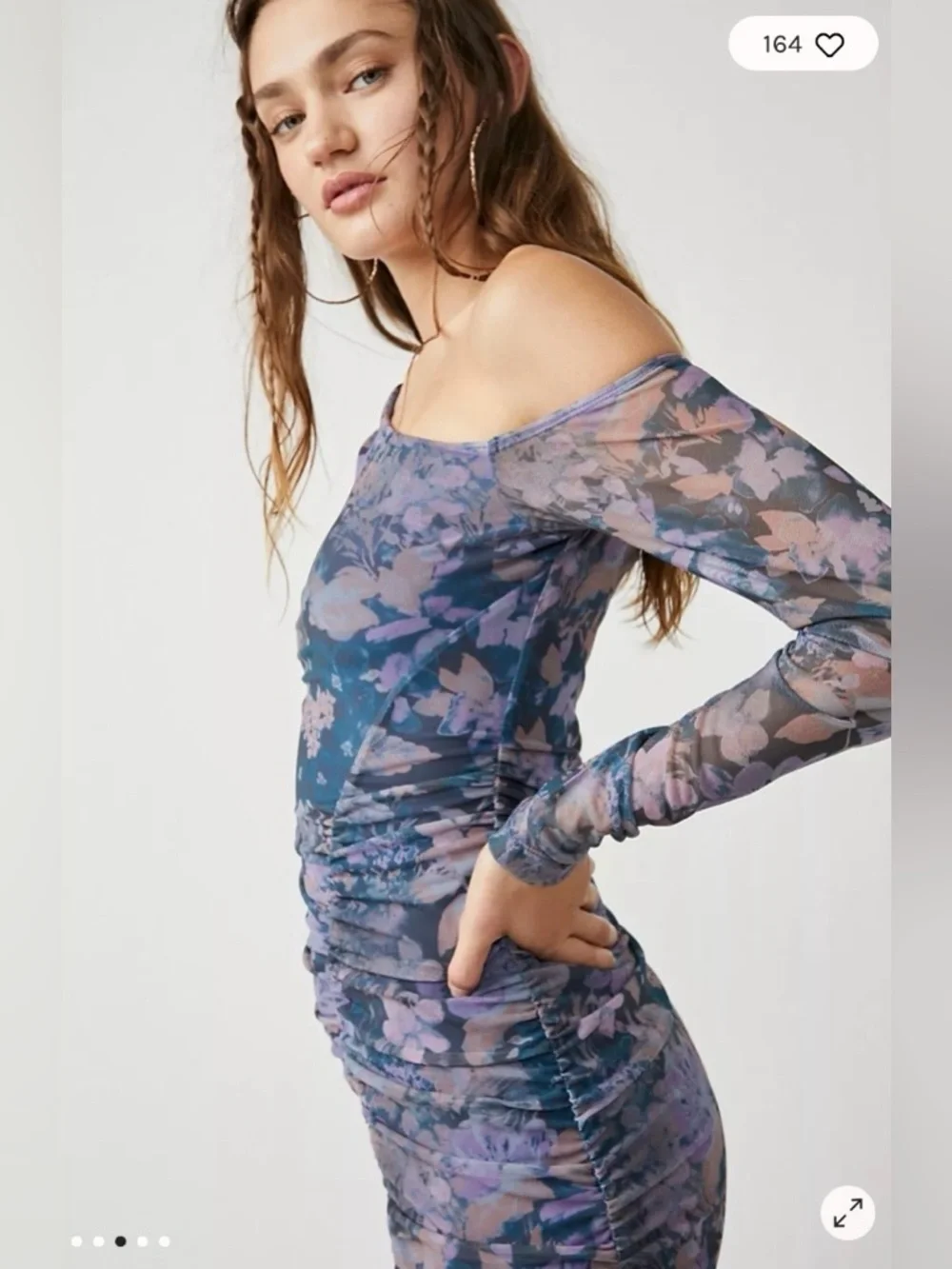 Free People Chloe One-Shoulder Floral Ruched Mesh Mini Dress - Blue & Purple